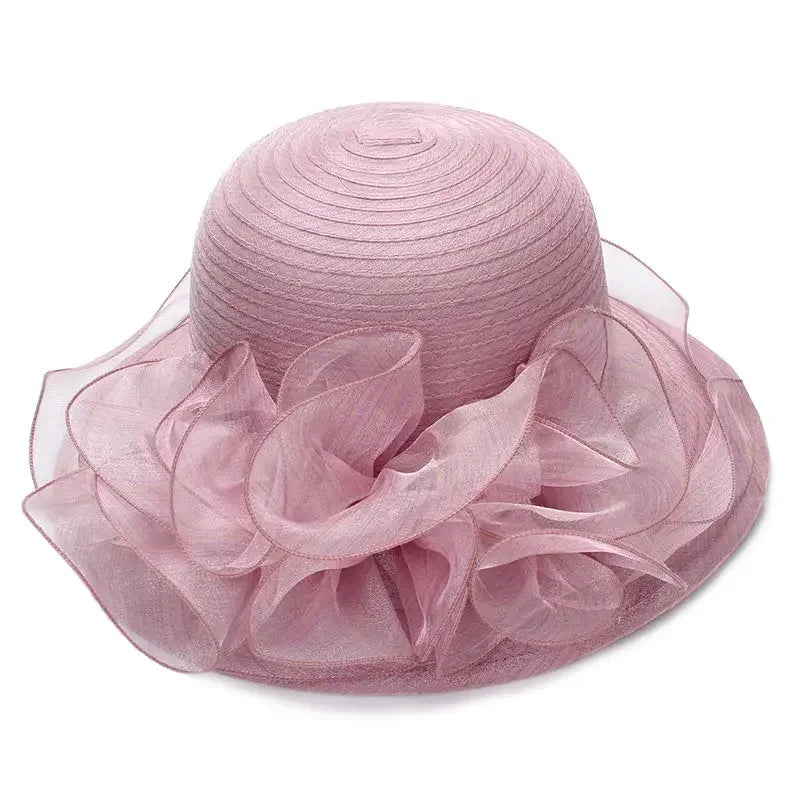 Women’s Summer Wide Brim Sun Hat – Elegant Organza Mesh Hat with Flower Decoration, Beach Vacation Sunshade Hat
