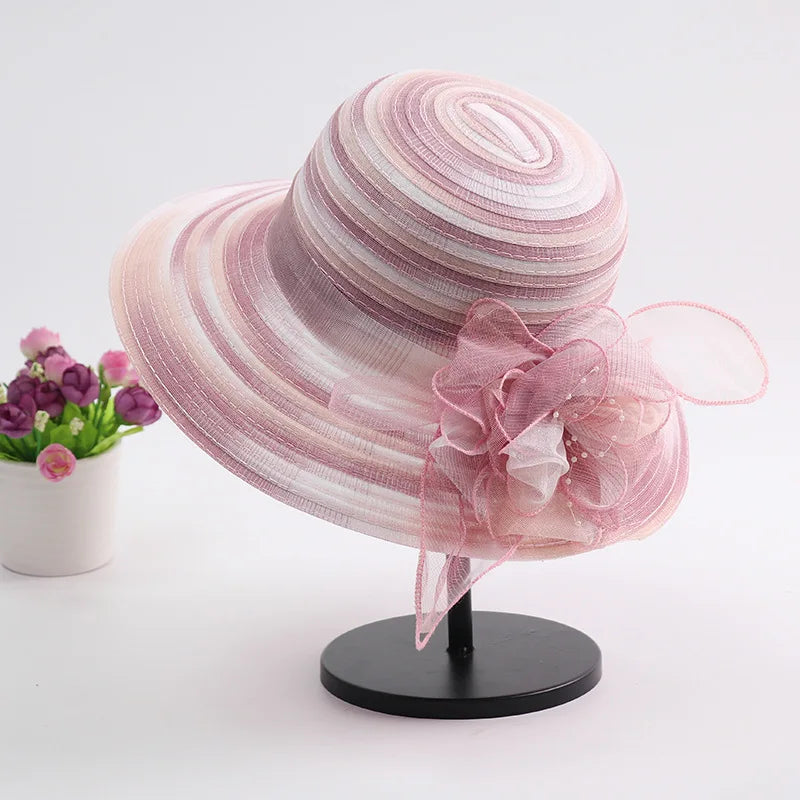 Women’s Summer Organza Sun Hat – Colorful Stripe Wide Brim Beach Hat with Floral Design, UV Protection