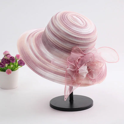 Women’s Summer Organza Sun Hat – Colorful Stripe Wide Brim Beach Hat with Floral Design, UV Protection