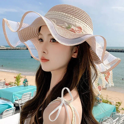 Women’s Elegant Wide Brim Straw Sun Hat – Summer Beach UV Protection, Adjustable & Foldable with Lace Bow for Outdoor Vacations