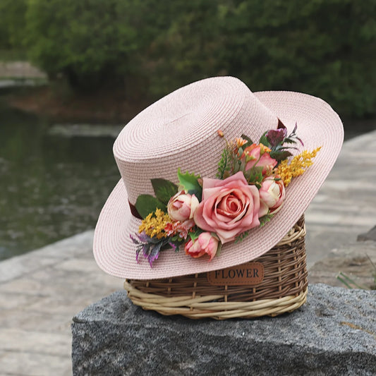 Elegant Straw Hat - Breathable, Sun-Protective, Solid Color Design with Delicate Floral -Top Fashion Accessory for Easter&Summer