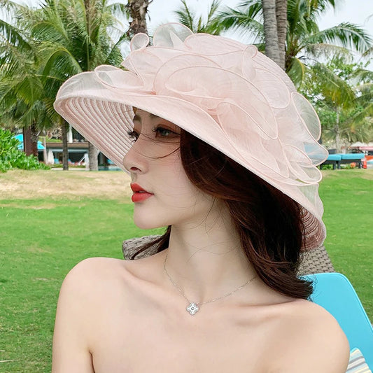 Women’s Summer Eugenia Flower Large Brim Beach Hat – Organza Sunshade Fisherman Hat for Travel, Tea Parties, Weddings & Outdoor Activities