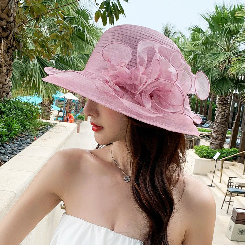Women’s Summer Eugenia Flower Large Brim Beach Hat – Organza Sunshade Fisherman Hat for Travel, Tea Parties, Weddings & Outdoor Activities