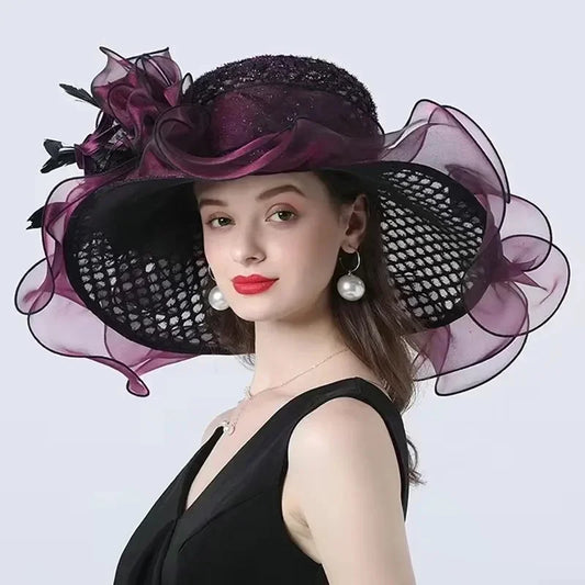 Fashionable Lady Derby Church Cloche Hat – Elegant Floral Bow Bucket Wedding & Party Bowler Cap for Women, Summer Sun Protection Fedora
