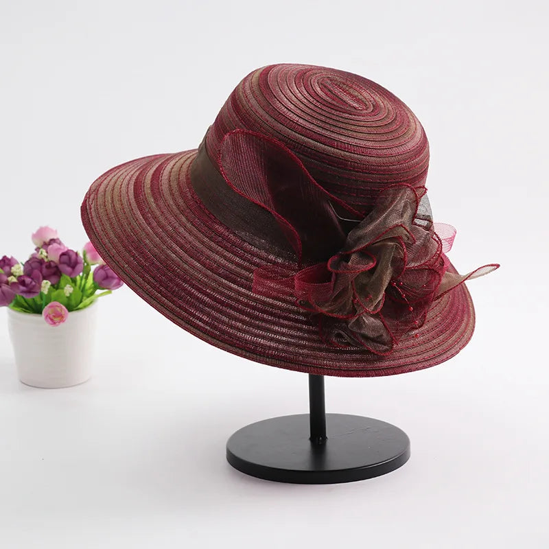 Women’s Summer Organza Sun Hat – Colorful Stripe Wide Brim Beach Hat with Floral Design, UV Protection