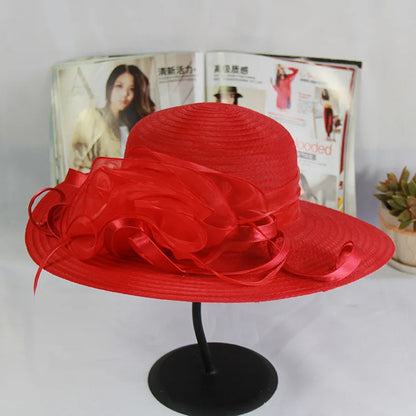 Spring Summer Women’s Mesh Organza Flower Hat – Elegant Wide Brim Dome Sun Hat for Weddings, Parties & Outdoor Fashion