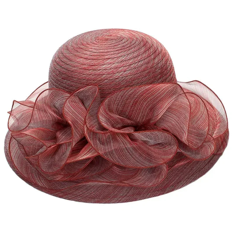 Women’s Summer Wide Brim Sun Hat – Elegant Organza Mesh Hat with Flower Decoration, Beach Vacation Sunshade Hat
