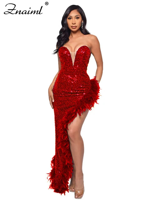 Elegant Feathers High Split Birthday Party Glitter Sequins Maxi Dress Women Night Club Wedding Evening Prom Dresses Robe