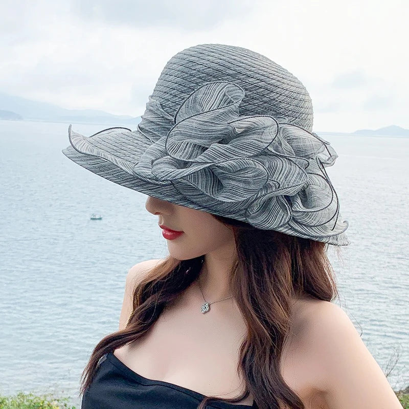 Women’s Summer Eugenia Flower Large Brim Beach Hat – Organza Sunshade Fisherman Hat for Travel, Tea Parties, Weddings & Outdoor Activities