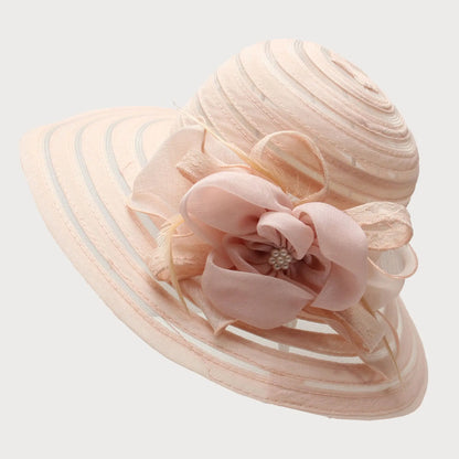 New Fashion Women’s Organza Sun Hat – Wide Brim Fedora with Big Flower, Elegant Wedding & Church Party Hat
