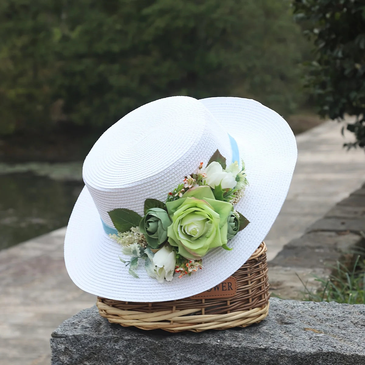 Elegant Straw Hat - Breathable, Sun-Protective, Solid Color Design with Delicate Floral -Top Fashion Accessory for Easter&Summer