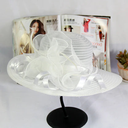 Spring Summer Women’s Mesh Organza Flower Hat – Elegant Wide Brim Dome Sun Hat for Weddings, Parties & Outdoor Fashion