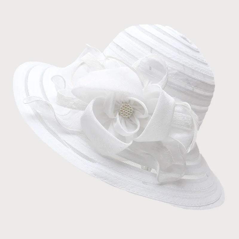 New Fashion Women’s Organza Sun Hat – Wide Brim Fedora with Big Flower, Elegant Wedding & Church Party Hat
