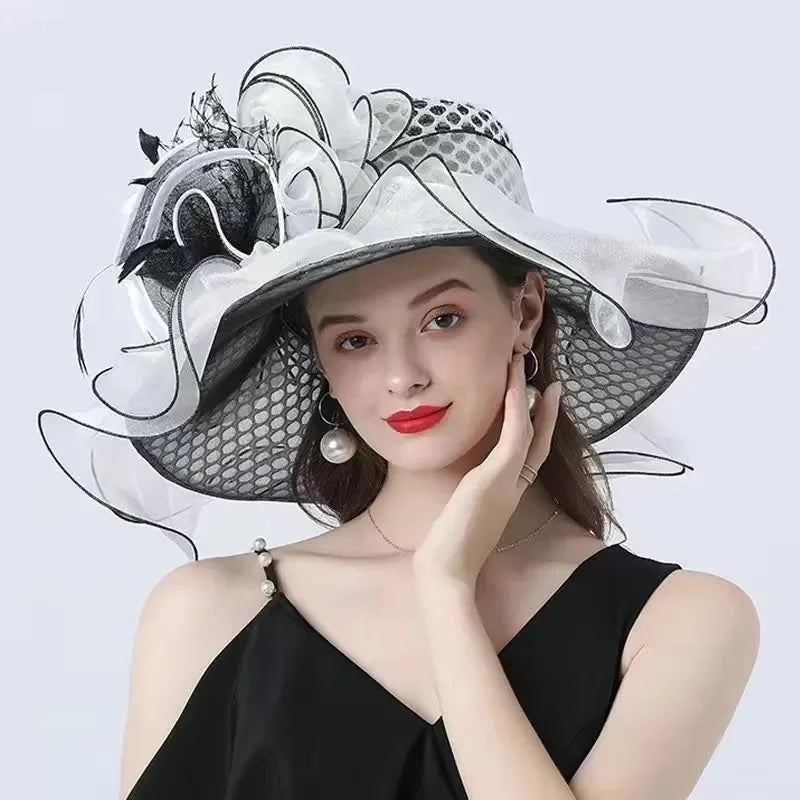 Fashionable Lady Derby Church Cloche Hat – Elegant Floral Bow Bucket Wedding & Party Bowler Cap for Women, Summer Sun Protection Fedora