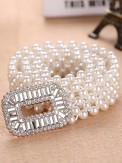 1pc Women's Elastic Waist Belt With Gold Buckle And Five Rows Of Faux Pearls, Sweet And Fashionable