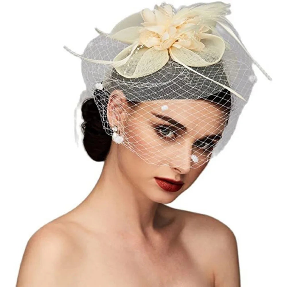 Elegant Birdcage Veil Fascinator with Flowers & Feathers – Women’s Wedding, Tea Party & Cocktail Headpiece