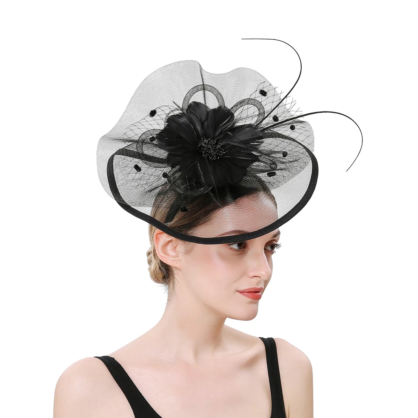 Women’s Fascinator Hat with Feather & Mesh – Alice Headband Hair Clip for Weddings, Cocktail Parties, Kentucky Derby & Tea Parties