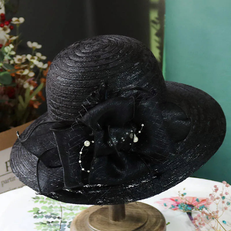 Elegant Women’s Mesh Pearl Flower Sun Hat – Foldable Wide Brim Lace Beach Hat for Spring & Summer