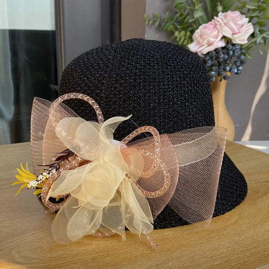 New Fashion Women’s Fedora Bowler Straw Hat – Spring Summer Breathable Flax Gauze with Elegant Flowers