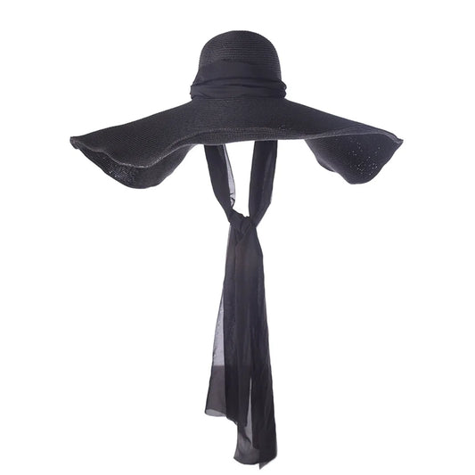 2025 Elegant Women’s Raffia Wide Brim Sun Hat with Long Ribbon – Oversized Dome Beach Hat for Travel, Vacation & UV Protection