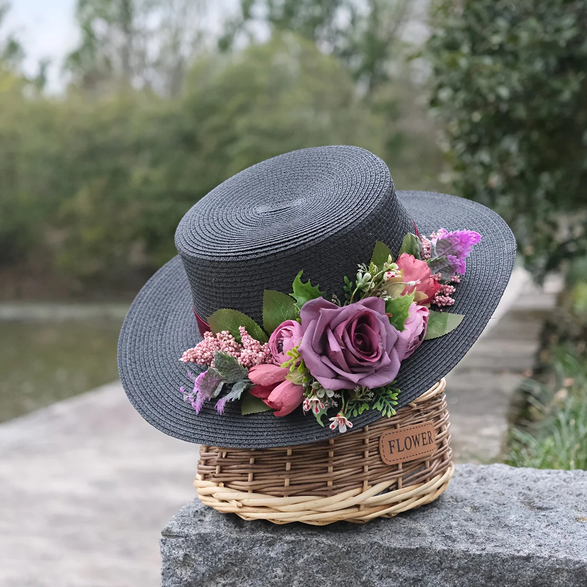 Elegant Straw Hat - Breathable, Sun-Protective, Solid Color Design with Delicate Floral -Top Fashion Accessory for Easter&Summer