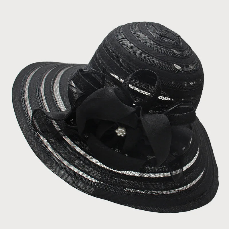 New Fashion Women’s Organza Sun Hat – Wide Brim Fedora with Big Flower, Elegant Wedding & Church Party Hat