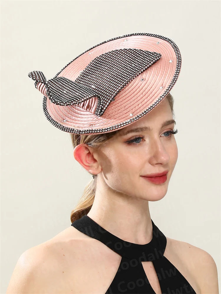 Chic Coral Rhinestone Fascinator Hat – Elegant Women’s Church & Race Event Headpiece with Headband for Parties