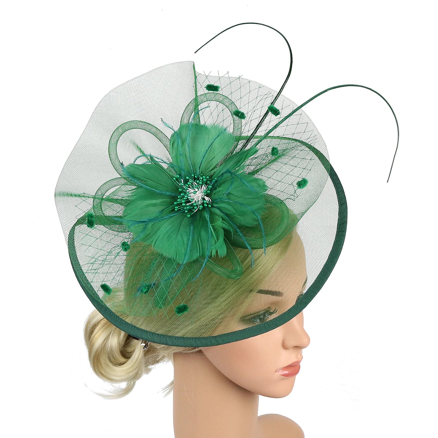 Women’s Fascinator Hat with Feather & Mesh – Alice Headband Hair Clip for Weddings, Cocktail Parties, Kentucky Derby & Tea Parties