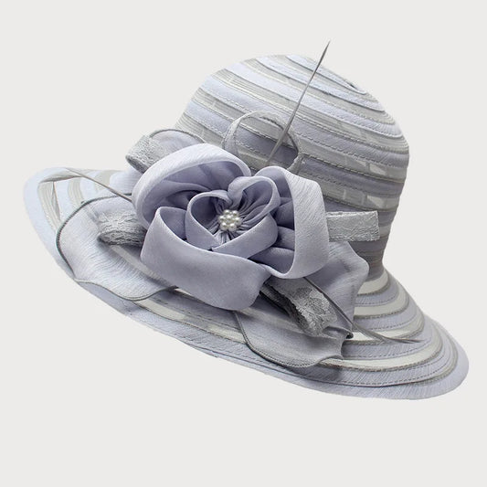 New Fashion Women’s Organza Sun Hat – Wide Brim Fedora with Big Flower, Elegant Wedding & Church Party Hat