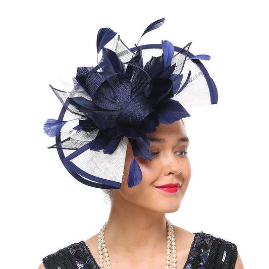 Women’s Chic Sinamay Fascinator Hat – Elegant Feather Cocktail Wedding Party Headpiece with Birdcage Veil & Detachable Clip