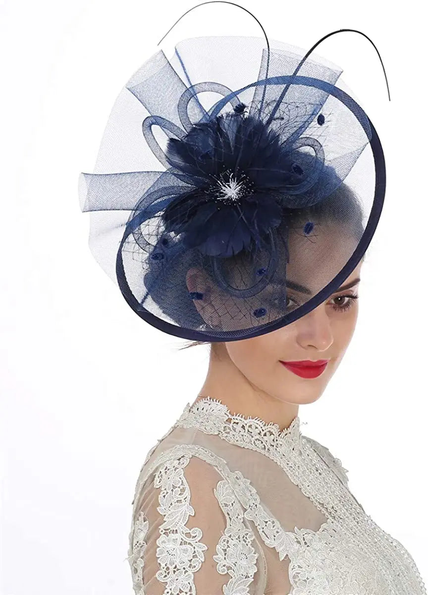 Women’s Fascinator Hat with Feather & Mesh – Alice Headband Hair Clip for Weddings, Cocktail Parties, Kentucky Derby & Tea Parties