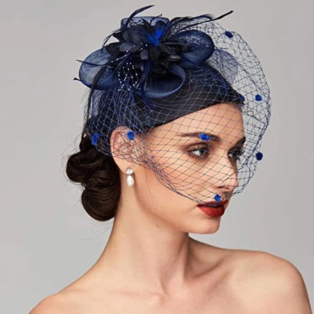 Elegant Birdcage Veil Fascinator with Flowers & Feathers – Women’s Wedding, Tea Party & Cocktail Headpiece