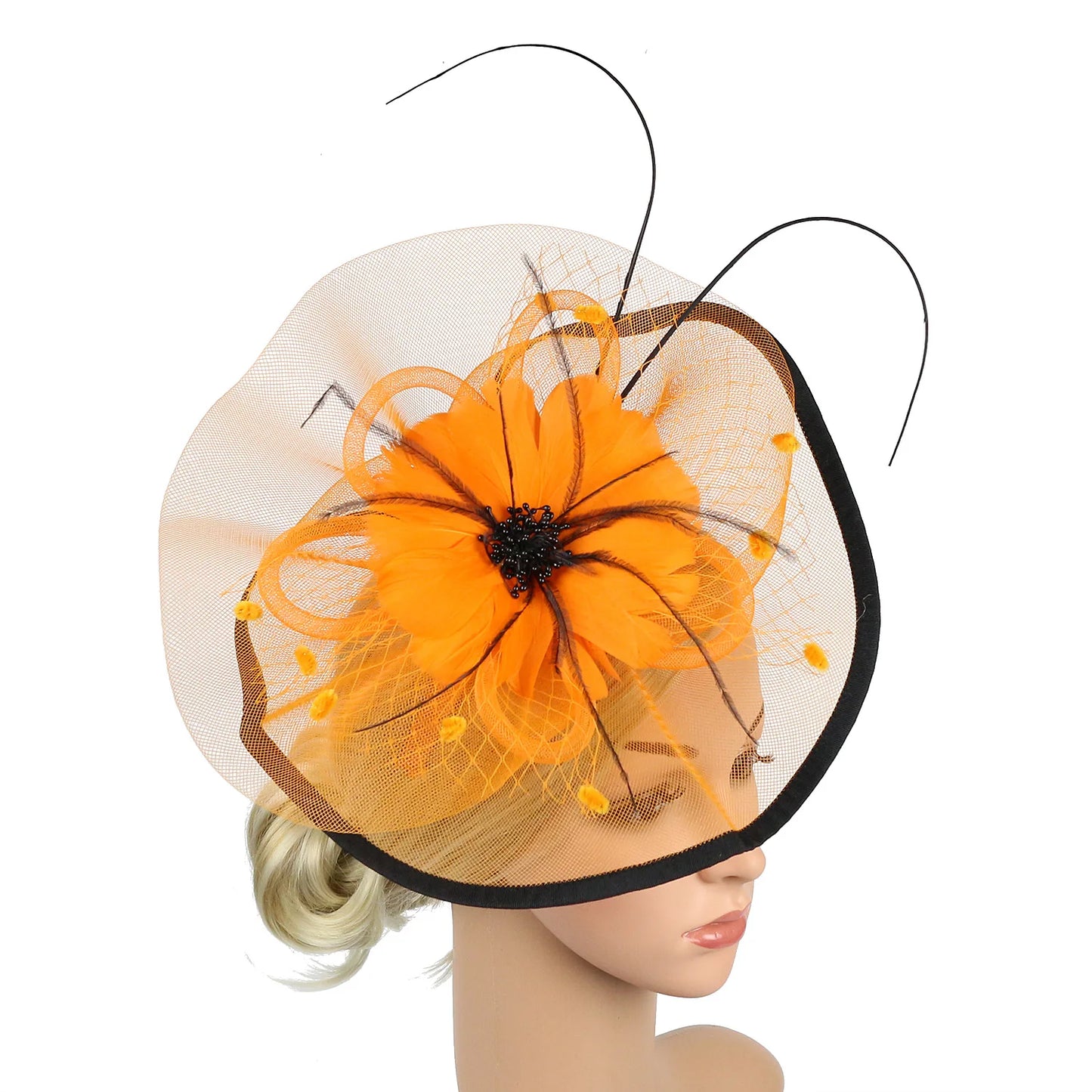 Women’s Fascinator Hat with Feather & Mesh – Alice Headband Hair Clip for Weddings, Cocktail Parties, Kentucky Derby & Tea Parties
