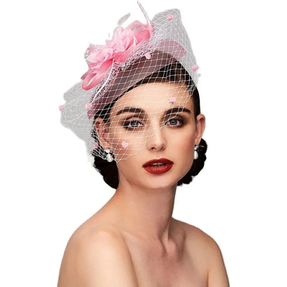 Elegant Birdcage Veil Fascinator with Flowers & Feathers – Women’s Wedding, Tea Party & Cocktail Headpiece