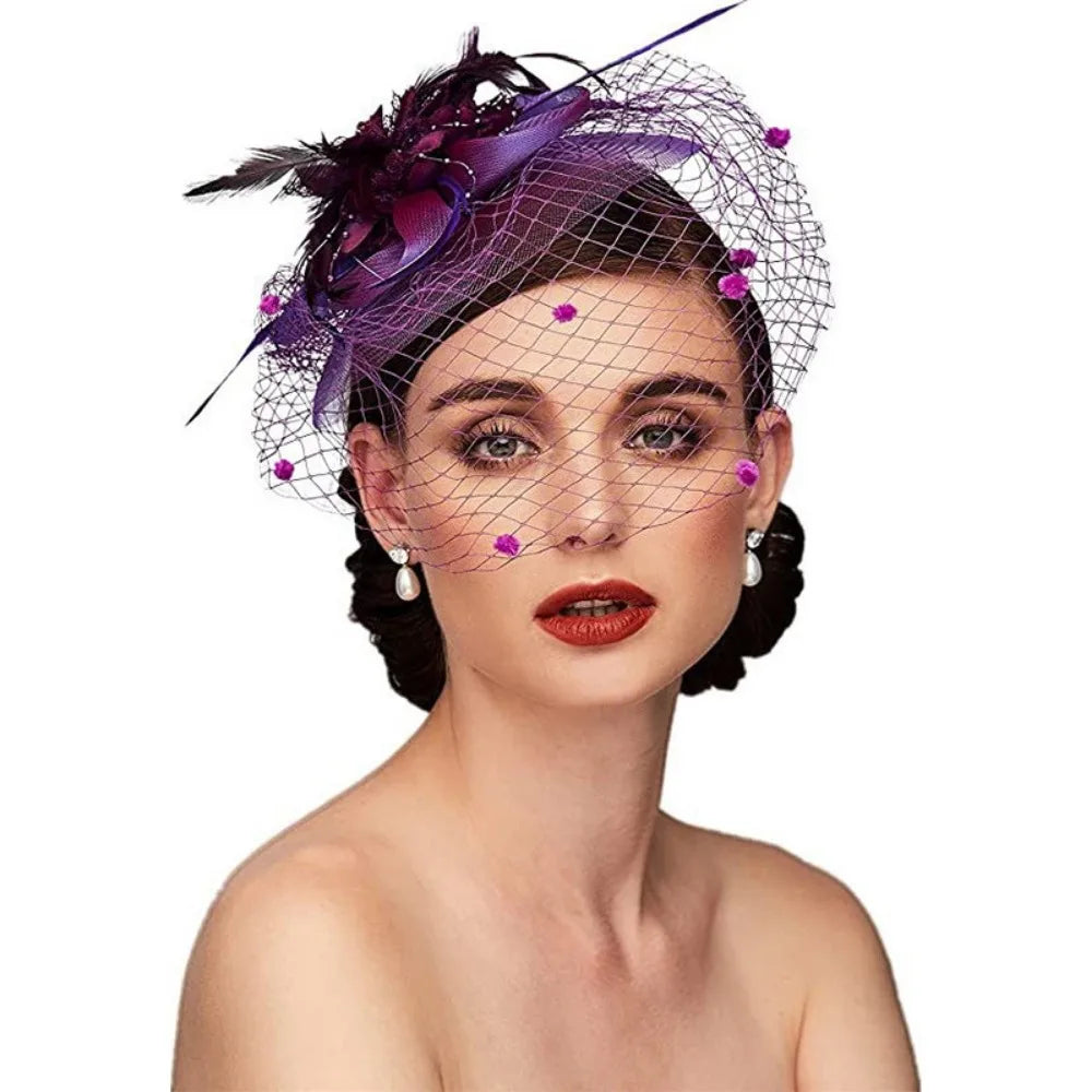 Elegant Birdcage Veil Fascinator with Flowers & Feathers – Women’s Wedding, Tea Party & Cocktail Headpiece