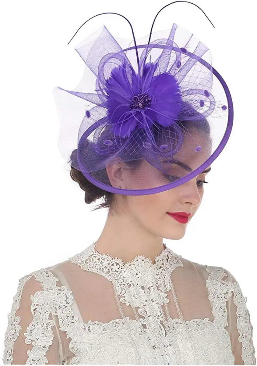 Women’s Fascinator Hat with Feather & Mesh – Alice Headband Hair Clip for Weddings, Cocktail Parties, Kentucky Derby & Tea Parties