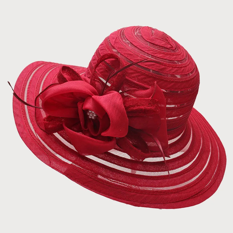 New Fashion Women’s Organza Sun Hat – Wide Brim Fedora with Big Flower, Elegant Wedding & Church Party Hat