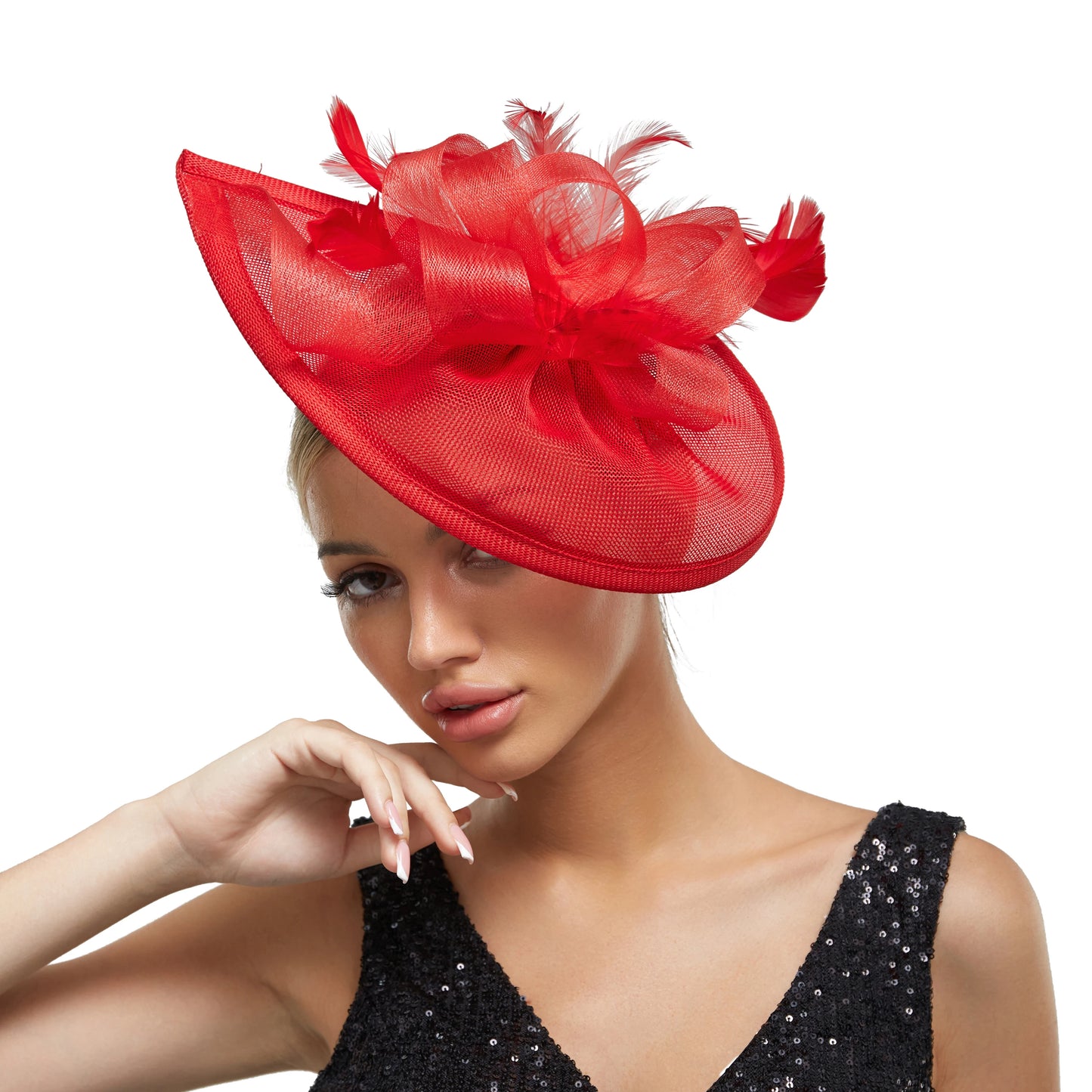 Charming Feather Fascinator Hat – Women’s Wedding, Cocktail, Tea Party Mesh Flower Headpiece with Headband