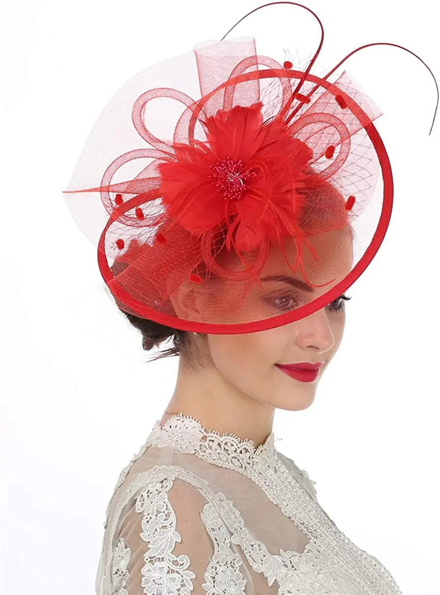 Women’s Fascinator Hat with Feather & Mesh – Alice Headband Hair Clip for Weddings, Cocktail Parties, Kentucky Derby & Tea Parties