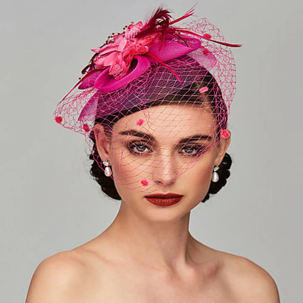 Elegant Birdcage Veil Fascinator with Flowers & Feathers – Women’s Wedding, Tea Party & Cocktail Headpiece