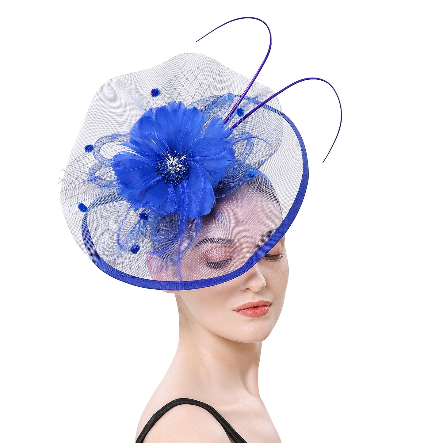 Women’s Fascinator Hat with Feather & Mesh – Alice Headband Hair Clip for Weddings, Cocktail Parties, Kentucky Derby & Tea Parties