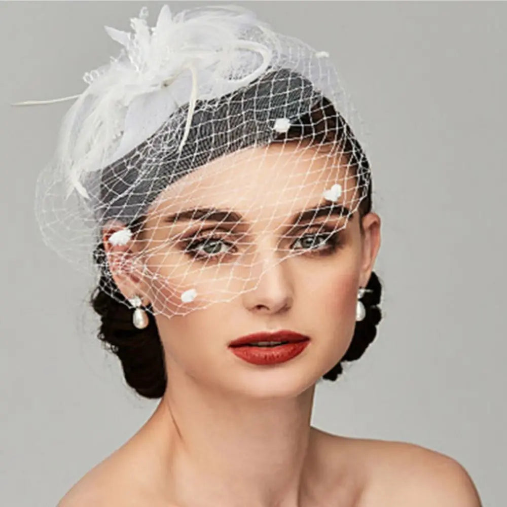 Elegant Birdcage Veil Fascinator with Flowers & Feathers – Women’s Wedding, Tea Party & Cocktail Headpiece