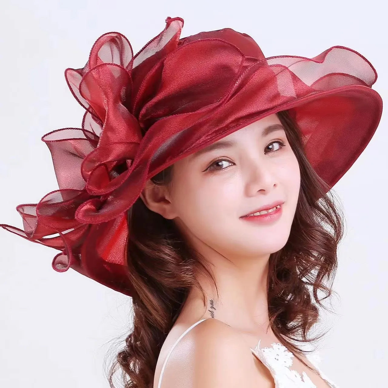 Women’s Organza Mesh Wide Brim Hat – Ruffle Summer Bridal Sun Hat for Weddings, Church, Parties & Beach