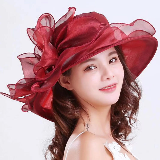 Women’s Organza Mesh Wide Brim Hat – Ruffle Summer Bridal Sun Hat for Weddings, Church, Parties & Beach