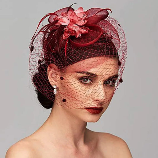 Elegant Birdcage Veil Fascinator with Flowers & Feathers – Women’s Wedding, Tea Party & Cocktail Headpiece