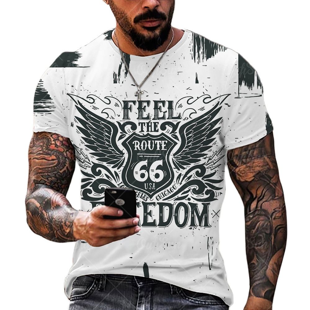 vintage Oversized America Route 66 Letters Printed O Collared T-Shirt