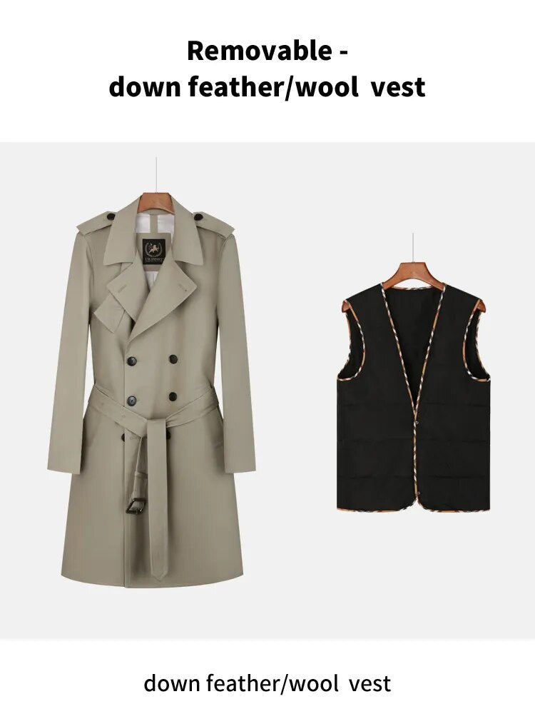 Cotton trench coat for men with double breasted British fashion coffee men's down jacket