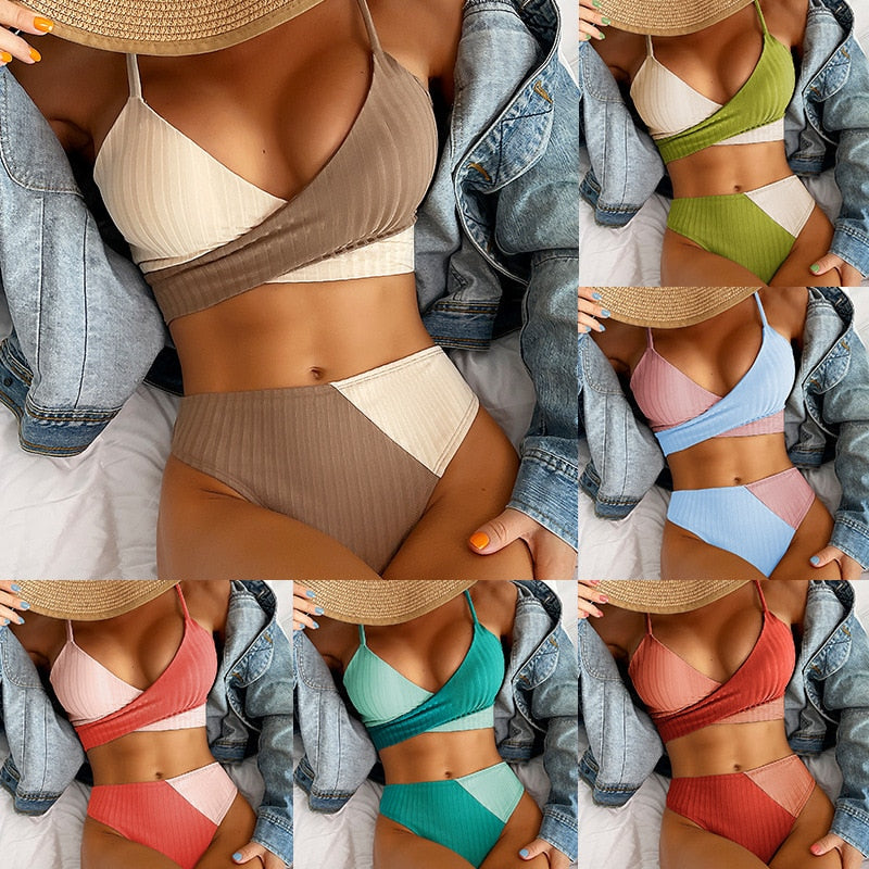 Matching Thick Pit Strip Cross Straps High Waist Bikini- Two piece