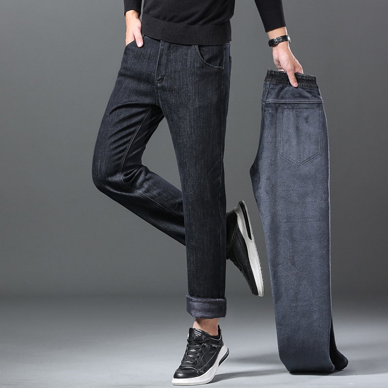 Stretch Cotton Thick Fleece Denim Pants- Jeans