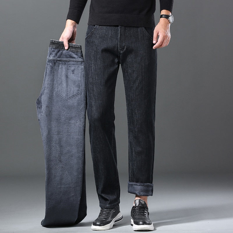 Stretch Cotton Thick Fleece Denim Pants- Jeans